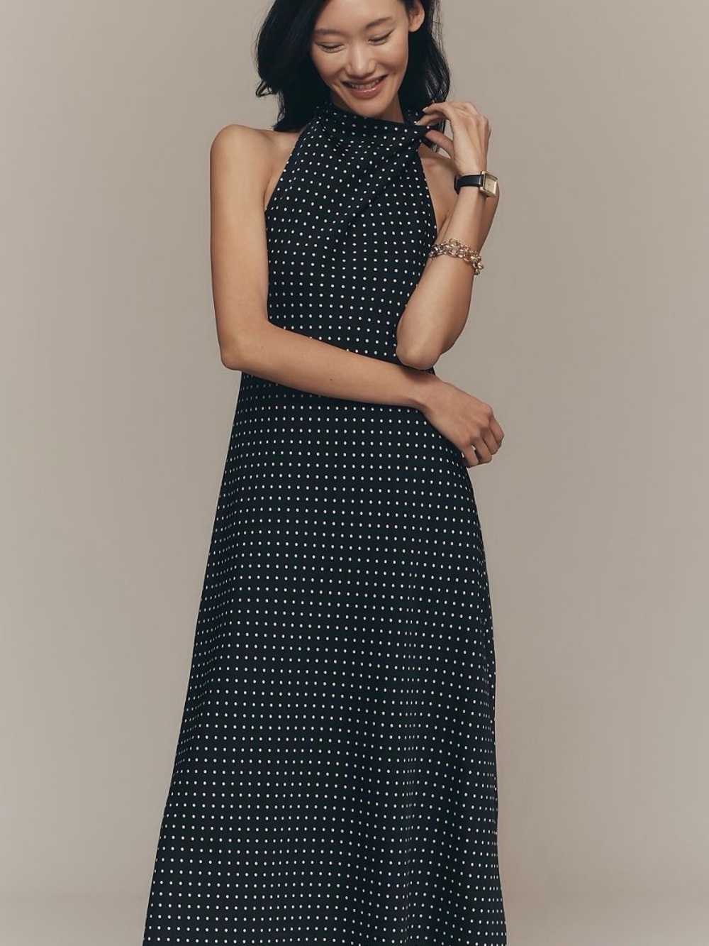 Stunning Anthropologie Black Polka Dot One-Shoulder Maxi Dress